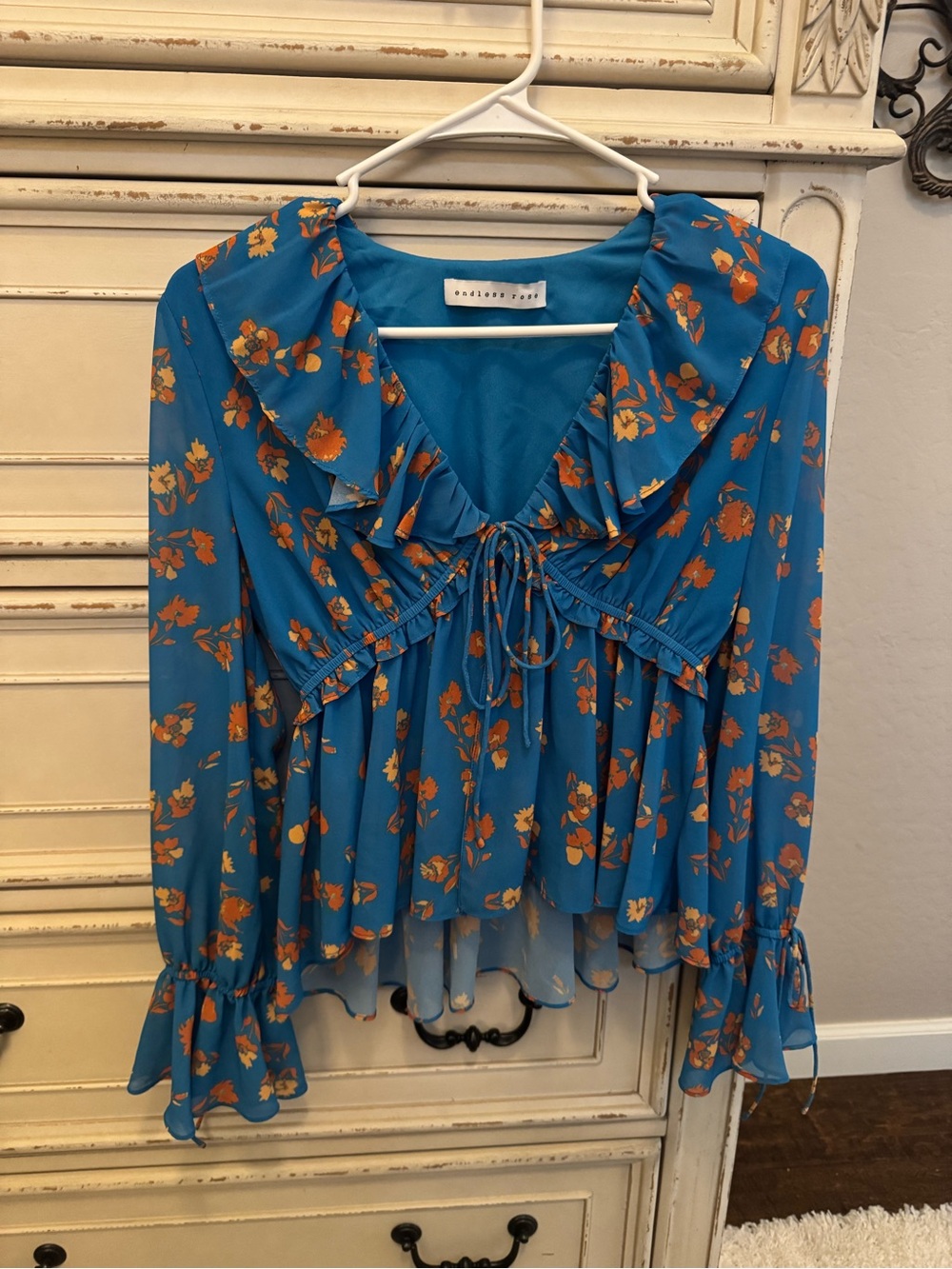 Endless Rose Blue Floral Ruffle Tie-Front Blouse